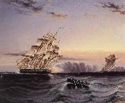 James Edward Buttersworth A U.S Frigate attacking a French Privateer oil painting on canvas